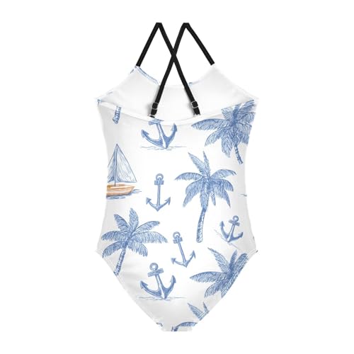 Palm Tree Sailboat Anchor Girls One Piece Swimsuits Summer Quick Dry Beach Bathing Suit2