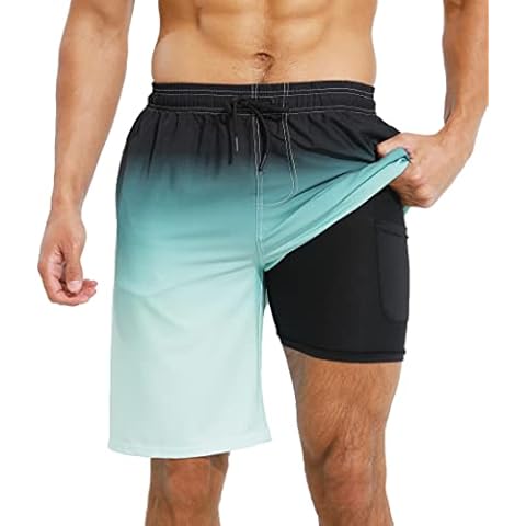 XSKJY Mens Swim Trunks with Compression Liner 9" Swim Trunks Quick Dry Surfing Summer Beach Shorts Swimsuit Sports Shorts Cover
