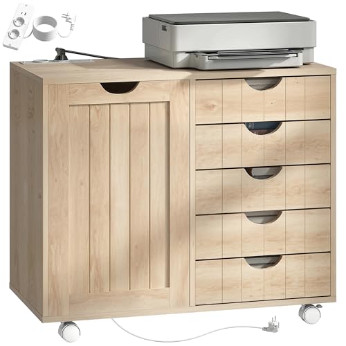 HOMCOM Mueble para Impresora con Estación de Carga y Ruedas, Soporte para Impresora, Cajonera para Escritorio con 5 Cajones, Puertos USB, Estante Ajustable para Archivador, Oficina en Casa, Natural