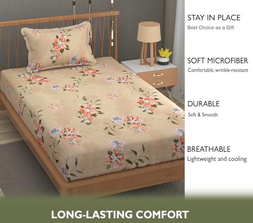Image of Fresh From Loom Hypoallergenic Floral Print Single Bed Bedsheet with 1 Pillow Covers - Microfiber, 240 TC (60 x 90 inch| Beige, Floral Design)