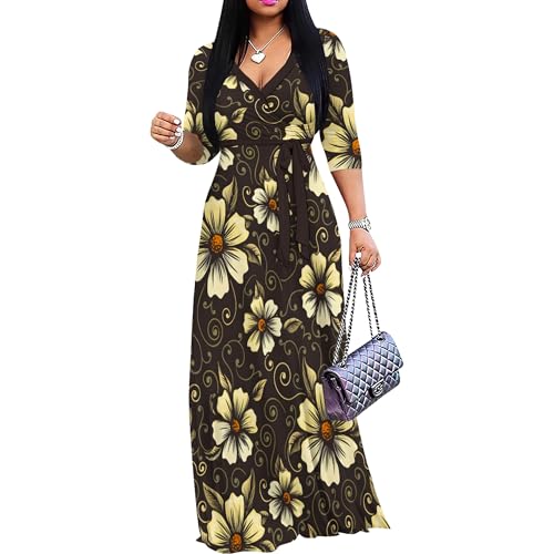 Image of PinkPatty Women's Print Maxi Dresses 3 /4 Sleeve Flowy Long Dress V Neck Wrap Tie Waist Sundress
