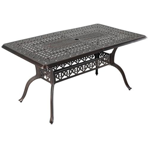 GOPLUS Mesa Auxiliar de Alumnio Fundido, 150 x 90 x 73 cm,Mesa de Centro para Exterior con Agujero para Sombrilla de 5 cm, Mueble Rectangular Vintage para Patio, Jardín, Terraza,Cobre Rojo