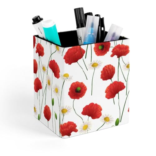 Quteprint Portalápices cuadrado, soporte para bolígrafos de flores de amapola roja para escritorio, organizador de bolígrafos de oficina, accesorios de escritorio, soporte para lápices de escritorio