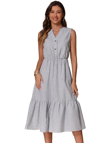 Image of Allegra K Striped Shirt Dresses for Women's Sleeveless Work V Neck Ruffleed Midi Dress