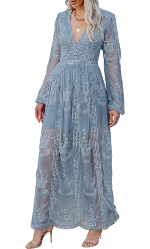 Image of LRISES Womens V Neck Floral Embroidered Lace Wedding Maxi Dress Boho Short Sleeve Slit Bridesmaid Evening Party Dresses