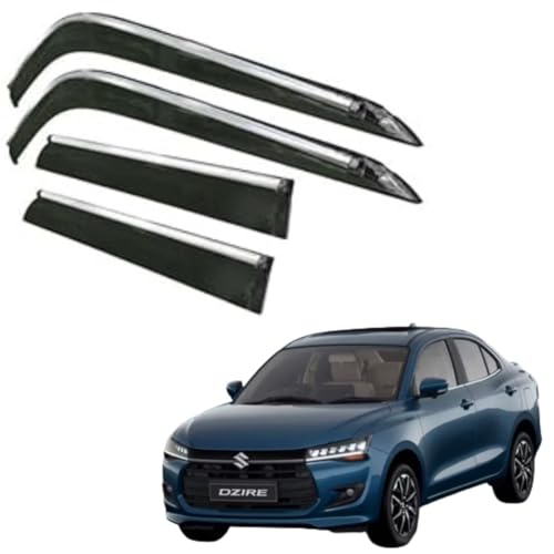 Image of CAR SAAZ Side Door Visors for Swift Dzire (2024-Present)(Set of 4Pcs)|Chrome Lined Rain Guards, Polycarbonate, Smoke Finish