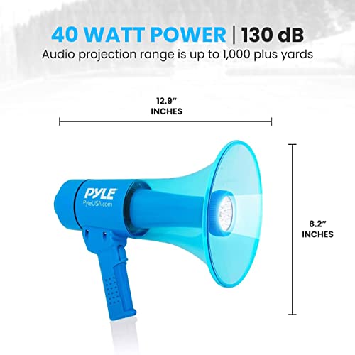 Pyle (Blue) 40W Compact, Portable Waterproof Megaphone Bullhorn With Flashlight - Rechargeable Pa Speaker, Adjustable Volume, Loud Alarm Siren, Handheld Lightweight Design For Outdoor Activities #TOP5
