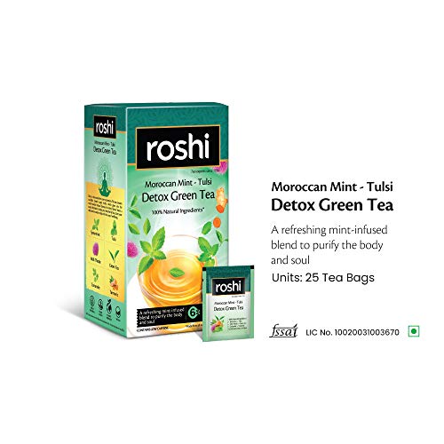 Image of Roshi Detox Green Tea | 25 Teabags | Herbally rejuvenating Detox Green Tea with Moroccan Mint, Tulsi and Milk Thistle (Pack of 3)