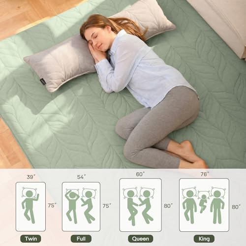 Image of ZonLi Japanese Floor Mattress Futon Mattress King Size, 4 inch Thicken Roll Up Tatami Mat 100% Cotton Washable Cover, Portable & Foldable Floor Bed Mattress for Sleeping, Dormitory, Adult, Green