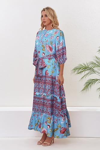 Image of Women Boho High-Waist Floral Print Maxi Dress 3 /4 Sleeve Casual | Soft Rayon, Breathable, Quick-Dry. High-Waist with Adjustable Belt, Flattering Hem. Ideal for Beach, Work & Dating.