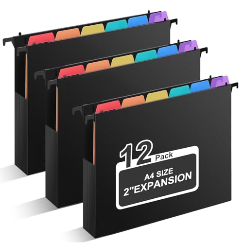 Uquelic Lot de 12 Dossiers Suspendus A4 avec Onglets et Couleur Intercalaires, Extensible 5 cm, Dossier Suspendu Grande Capacité en Plastique pour Meuble Dossier...