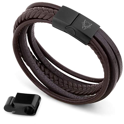 Preisvergleich Produktbild Akitsune Pax Lederarmband / Armschmuck Damen Herren Magnetisch Armband - Mattschwarz - Braun 21cm