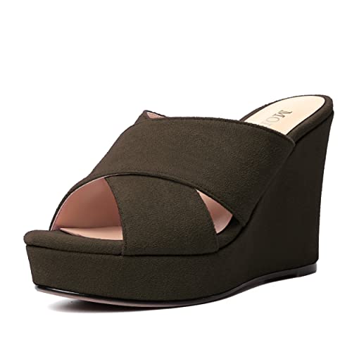 MODENCOCO Womens Suede Platform Slip On Open Toe Dressy Sexy Party Wedge High Heel Heeled Sandals 4 Inch