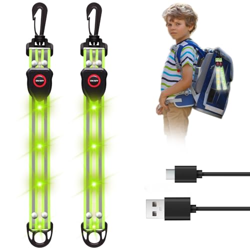 LED Blinklicht Schulranzen - USB Aufladbar Sicherheit Licht für Kinder Schulranzen - 2 Stück Reflektor Reflektoren Anhänger für Rucksack Roller Kinderwagen (Grun)