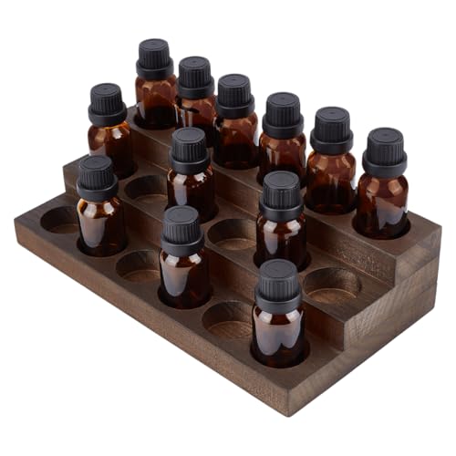 BENECREAT 3-Tier 18 Slots Wooden Essential Oil Organizer, Vintage Brown Wood Essential Oil Display Stand Makeup Storage Rack for Tabletop Essential Oils Perfume Nail Polish, Slot ID: 1.3inch