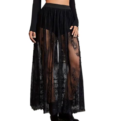 Auriselle Falda Larga Semitransparente Encaje Mujer, Sexy 2 en 1, Malla Transparente, Cintura elástica línea A, Maxifalda Tul Debajo Pantalones Cortos, Ropa Festivales Salir, Negra, Tallas S