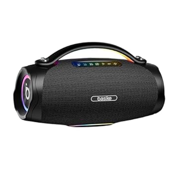 Caixa de Som Bluetooth Portátil 200W, Basike Boombox V97 Pro com Powerbank, IPX6 À Prova D'água e Resistente À Poeira, Luz RGB Surround, Tecnologia TWS, 8h de Autonomia, EQ/TWS/TF/AUX
