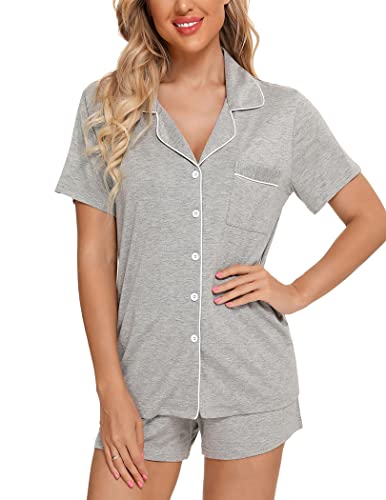 Image of Pjmlifecoco Women's Modal Pajama Set Short Sleeve Button Down Two Piece Soft Sleepwear with Shorts Loungewear S-XXL