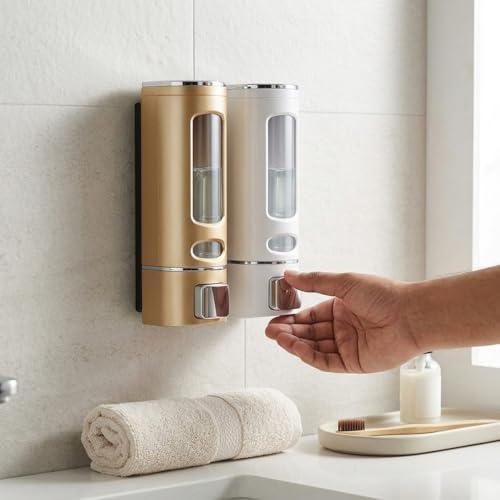 Image of ALTURAS Wall Mounted Liquid Soap Dispenser, ABS, 400 ML, for Shampoo, Sanitizer and Gel Handwash Dispenser (400 ML Gold and White)