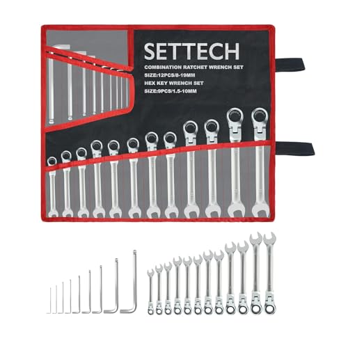 SETTECH 21PCS Flexible Ratcheting Wrench Set - 12PCS Metric CR-V Flex Head Ratchet, 9PCS Allen Wrenches, Combination Spanner Wrench Tool