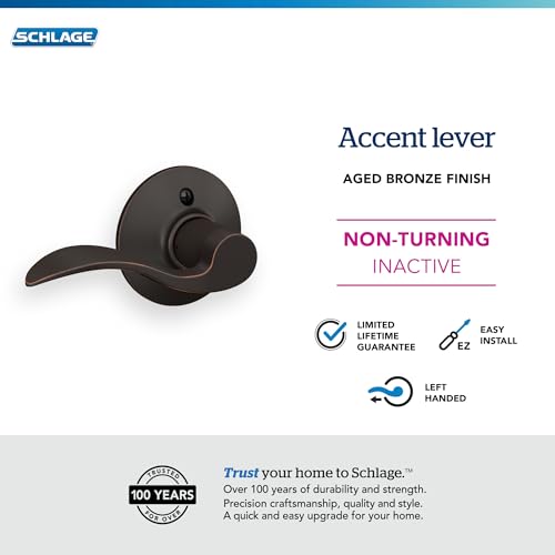 Image of Schlage F170 ACC 716 LH Left Handed Accent Door Lever, One Sided Non-Turning Dummy Door Handle, Aged Bronze