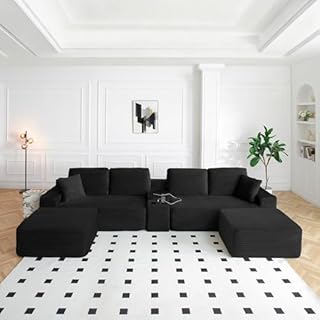 ivoros 150 Inch Modular Sectional Sofa Couch, Oversized Modern Cloud Couch for Living Room, U Shape Couches with 2 Ottomans, USB Ports and Cup Holders, Black Corduroy Boneless Sofas, Sofa in a Box