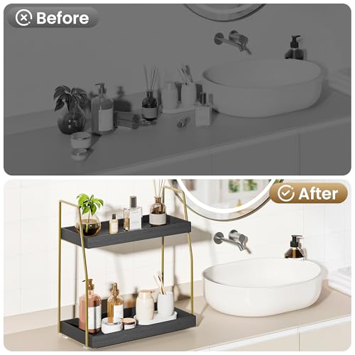 Image of Bathroom Countertop Organizer, Counter Organizer for Bathroom Decor | Wooden Sink Shelf for Vanity Storage, Makeup Tray for Perfume Skincare Bedroom Kitchen Coffee Bar (2 Tier, Black and Gold)