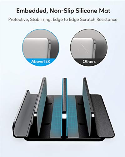 Vertical Laptop Stand - AboveTEK - 3 Slots for Computer, Tablet, Phone - Fits All Laptop Models (up to 17.3\") - Heavy Duty Polished Aluminum Desktop Holder - Anti Slide Silicone Grips - Black