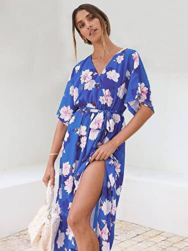 Image of ANRABESS Womens 1 /2 Sleeve Beach Wedding Guest Maxi Dresses 2026 Summer Wrap V Neck Boho Floral Flowy Slit Long Dresses
