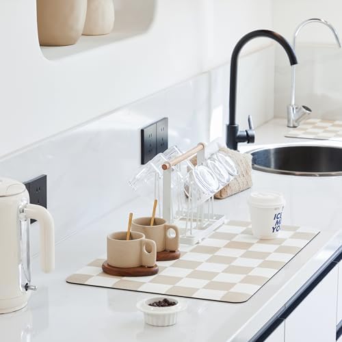Checkered Dish Drying Mat for Kitchen Counter, Coffee Bar Station...