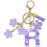 Jusen Resin Alphabet Initial Letter Keychain Tassel Flower Pendant Key Ring for Purse Handbag Car Keys (R-purple)