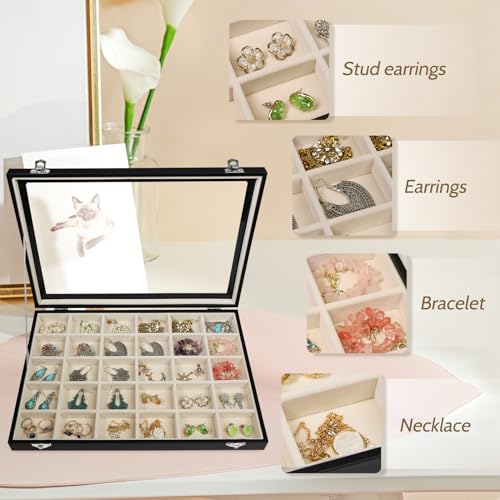 Stratalife Earring Organizer Jewelry Holder Organizer Drawer Earring Storage Jewelry Tray with Clear Lid Ring Box for Women Girls Anti Tarnish 30 Grid (Beige Black)4