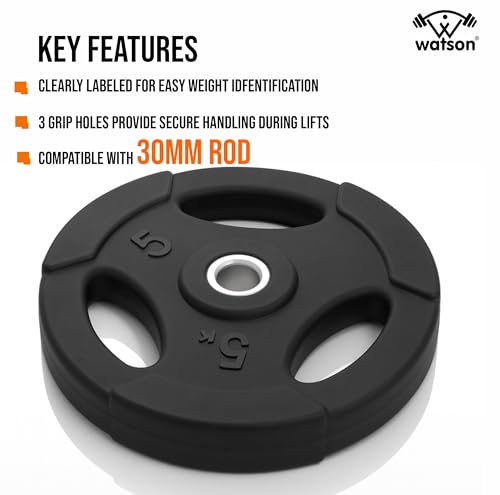Image of WATSON 3 Cut Rubber Coated Metal Weight Lifting Bar Plates With Metal Bush Compatible Upto 30mm Gym Rods, Home Gym Weight Plates For Men & Women (40Kg Set (5Kgx8))