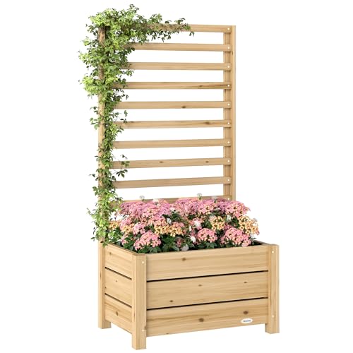 Outsunny Jardinière avec Treillis, bac à Fleurs en Bois, lit surélevé avec Brise-Vue, Trou de Drainage et Doublure intérieure, pour Plantes grimpantes,...