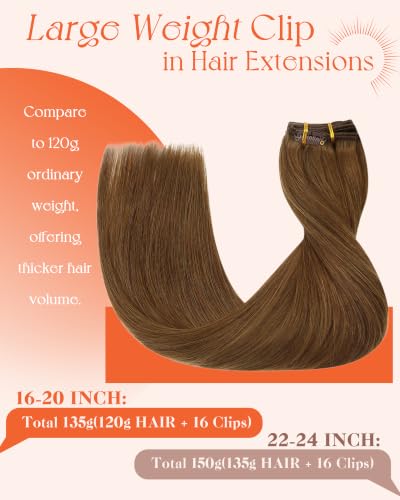 Image of Sunny Hair Clip in Hair Extensions Real Human Hair Natural Light Brown | 24 Inch 150g Remy Hair for Women to Boost Volume and Length, Quick Clip-in for Fuller Hair Soft Blend for Wedding Party