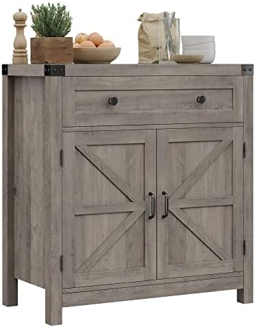 HOSTACK Coffee Bar Cabinet, Modern Farmhouse Buffet Sideboard with Drawer and Adjustable Shelf, Barn Door Storage Cabinet for Kitchen, Dining Room, Bathroom, Entryway, Ash Grey