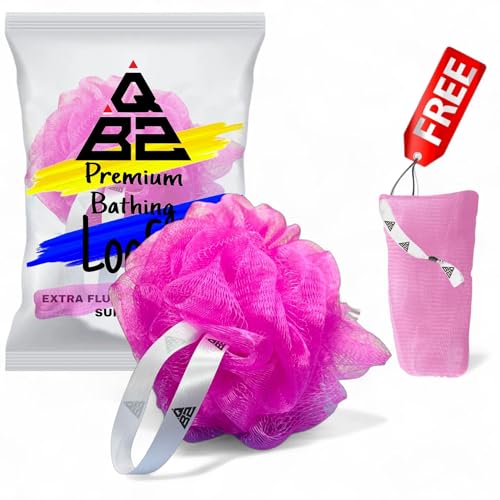 Image of QBZ Large Bath Loofah Sponge Scrubber Exfoliator for High Lather Cleansing (PINK, 1 Count (Loofah Pauch& Loofah))