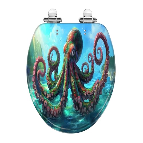 Elongated Toilet Seat Colorful Octopus Ocean Scene Realistic Detailing Resin