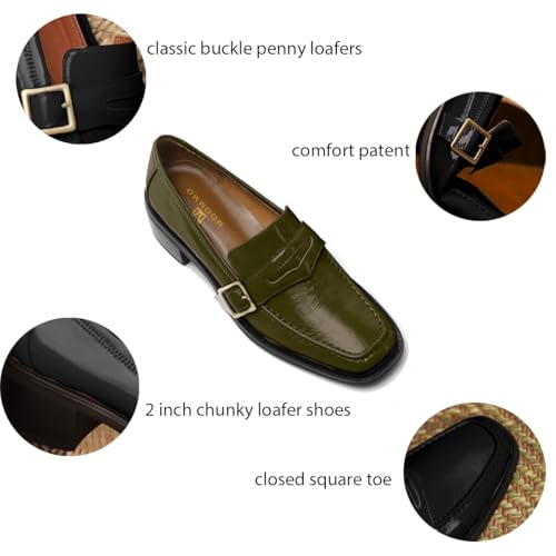 Image of MOOMMO Women Chunky Heel Penny Loafers Square Toe Buckle Slip On Comfort | Office Ladies Loafer Pumps 2 inch Stacked Block Heel Dress Loafers Oxfords Walking Dress Shoes Casual Size 4-11 M US