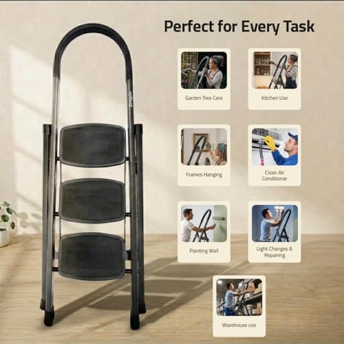 Image of Dropin Premium Steel 3 Step Foldable Ladder for Home Use with Built-in Tool Tray,Climb Easy Anti-SliWide Rubber Secure Lock 150Kg Capacity,Heavy Duty D Shape Rods - 20 x 30 cm Large Platform
