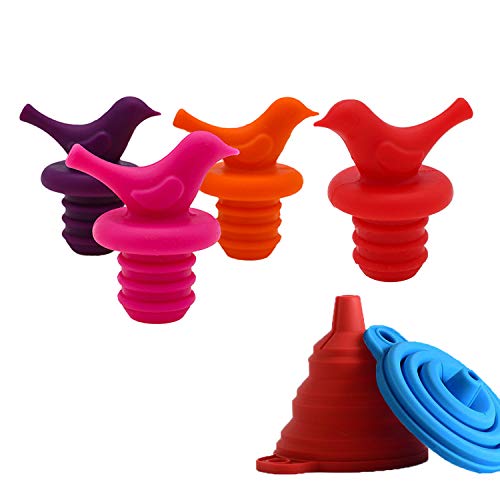 Little Bird Wine Bottle Stopper and Folded Funnel Set by SerieCozy Silicone made Reusable Cute Fun Multiple Color Set of 6