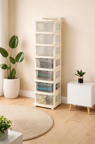 Image of KITCHIVO Heavy Duty Plastic Storage Drawer with Wheels | Modular Cabinet for Bedroom, Office, Home or Classroom| Chest of Drawers Organiser for Cosmetics, Kitchen items, Toys (White, 7)