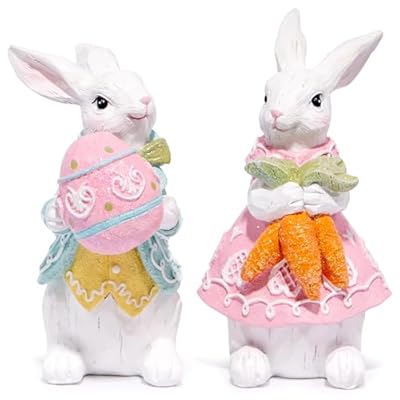 Hodao 2 PCS Easter Bunny Couple Decor Spring Easter Rabbit Decor Figurines Tabletopper Decoration for Party Home Holiday Cute Rabbit Easter Day Couple Gifts (White-Blue)