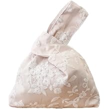 Vintage Handmade Double Lace Japanese Kimono Art Pattern Wrist Bag Tote Handbag Knot Pouch Wallet Portable Purse for WomenWhite