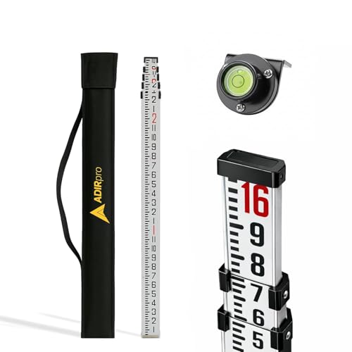 AdirPro 16 ft Aluminum Telescoping Grade Rod | Dual-Sided 5-Section Leveling Rod with 8th Foot Graduations & Bubble Level | Waterproof Case | For Laser, Transit & Optical Surveying