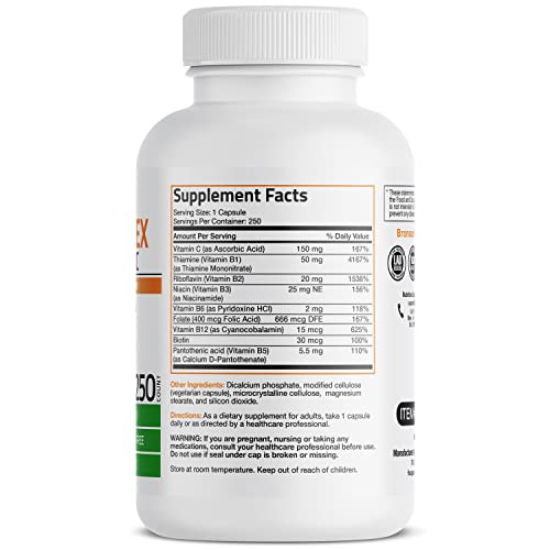 Bronson Vitamin B Complex With Vitamin C - Immune Health, Energy Support & Nervous System Support - Non-Gmo, 250 Vegetarian Capsules #TOP1