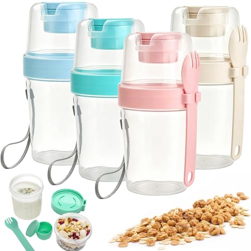 CEWROM 4-częściowy kubek na musli na wynos, 480 ml Overnight Oats, kubki na jogurt na wynos, dwuwarstwowe wzornictwo, szklanki do przygotowywania posiłków z pokrywką, do jogurtu, sałatek, oddzielania