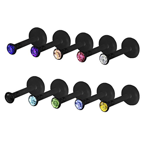 Aprilsky Mixed Czech Crystal Gem 16G Black Acrylic Labret Stud Monroe Bar Lip Ring Stud Piercing Set - 10 Pieces
