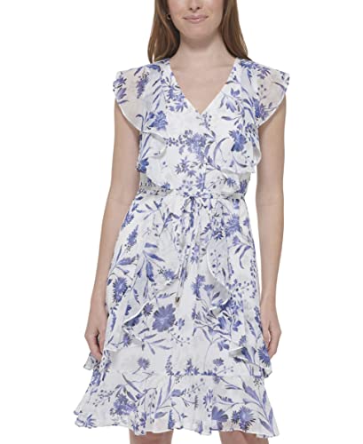 Image of Tommy Hilfiger Women's Sleeveless V-Neck Ruffle Trim Tie Waist Chiffon Mini Dress