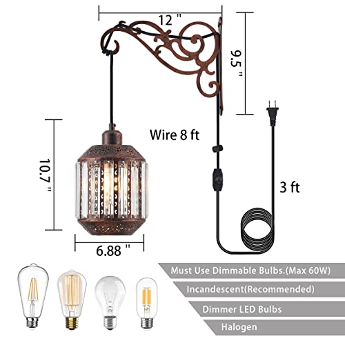 Image of Black Farmhouse Lantern Hanging Lamp Plug in Wall Sconces Set of Two,Boho Dimmable Glass Wall Mounted Lights Plug in Hanging Wall Lamps Rustic for Bedrooms Bedside Living Room